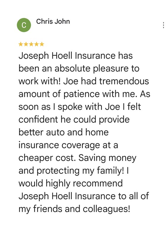 Five star google review for insurance I felt confident he could provide better home and auto insurance for cheaper cost saving money highly recommend