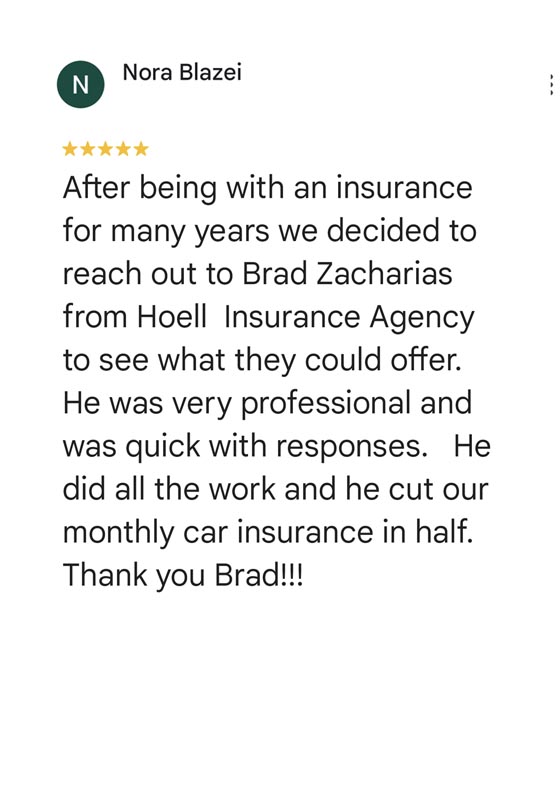 Real Google customer review for insurance agency very professional cut our monthly car insurance in half