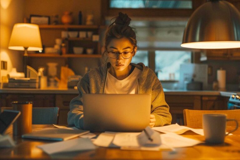 Woman on Computer Looking Up Home Insurance Information